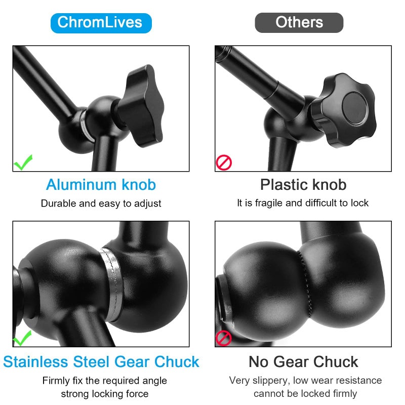 ChromLives Magic Arm Camera Clamp, Adjustable 11" Articulating Arm Camera Mount with Super Clamp W/ 1/4" and 3/8" Thread for DSLR Rig/LCD Monitor/LED Lights/Flash Light - Image 3